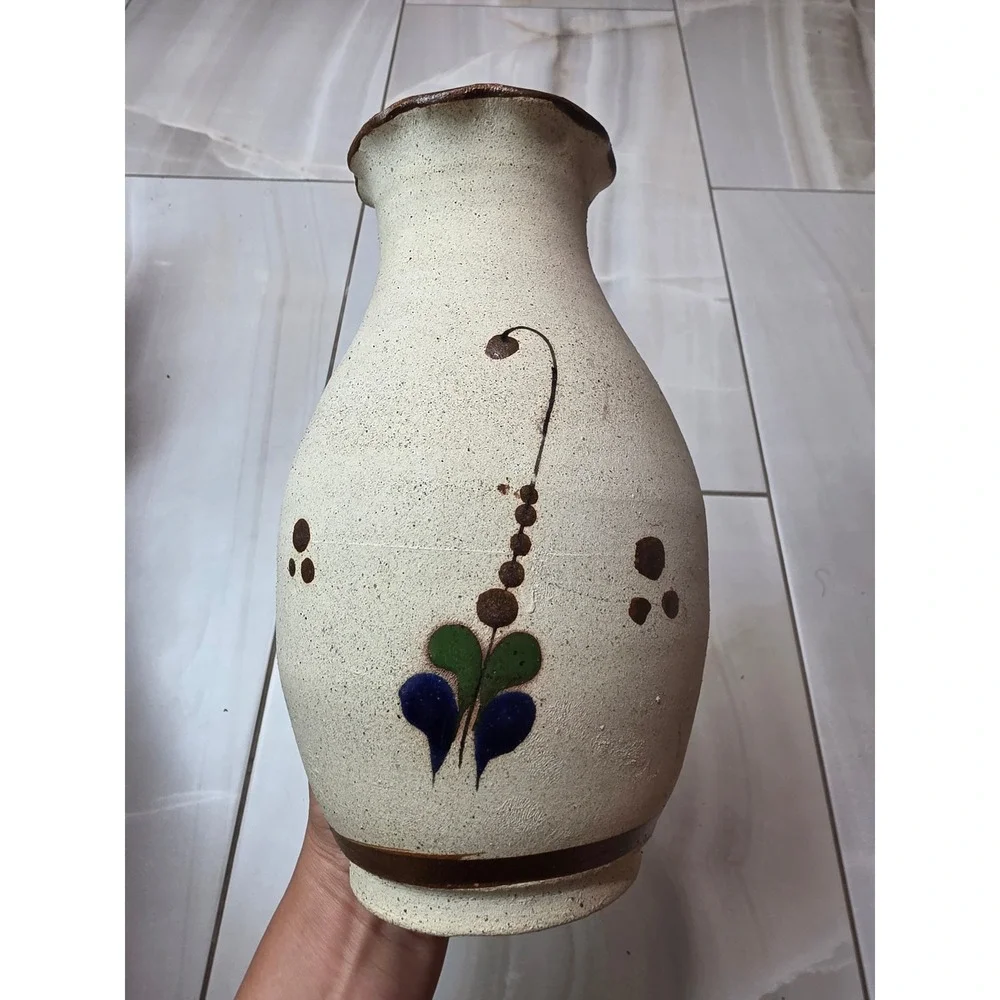 Vintage Tonala Mexican Pottery Vase Hand Painted Bird Floral Scalloped‎ 9.25
